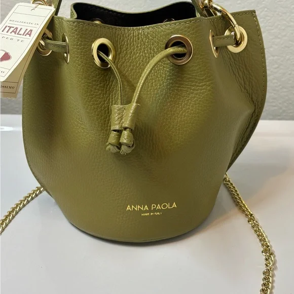 NEW Anna Paola Italian Leather Bucket Bag Made In Italy Olive Green - Picture 2 of 9